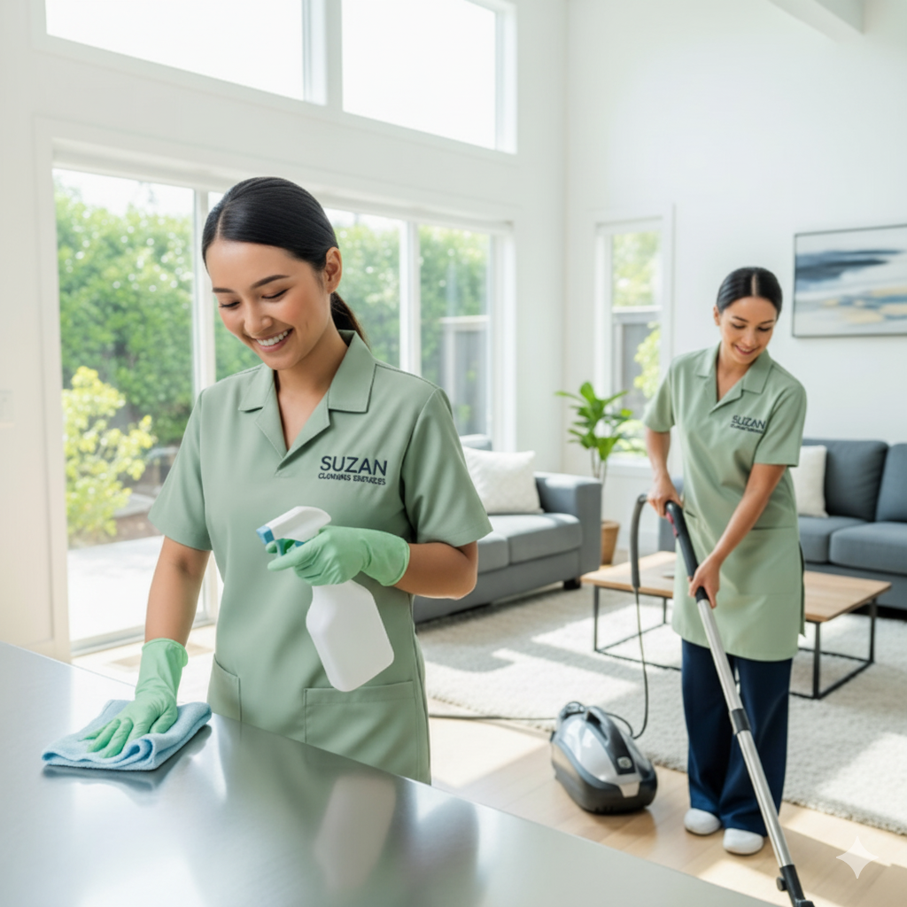 Two maids vacuuming the floor and wiping down the kitchen island during a house deep clean