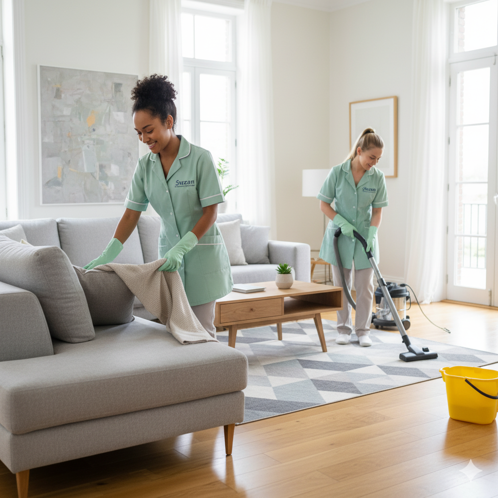 cleaning ladies in Orland Park tidying up the living room of a home