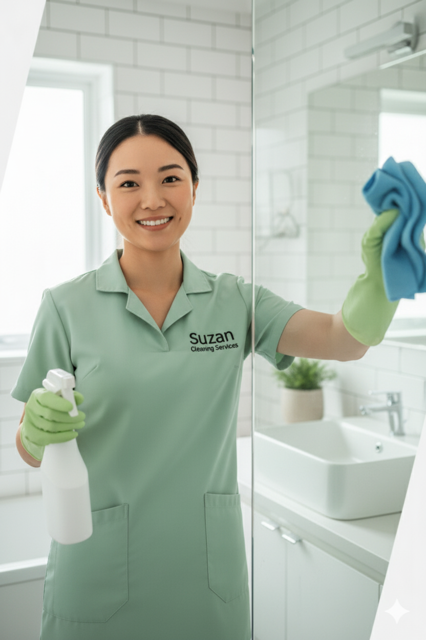 cleaning lady cleaning a bathroom in a home in wilmette