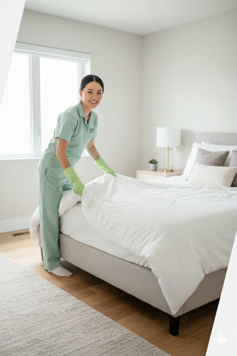 suzan cleaning services maid cleaning a bedroom and making the bed in a home in naperville